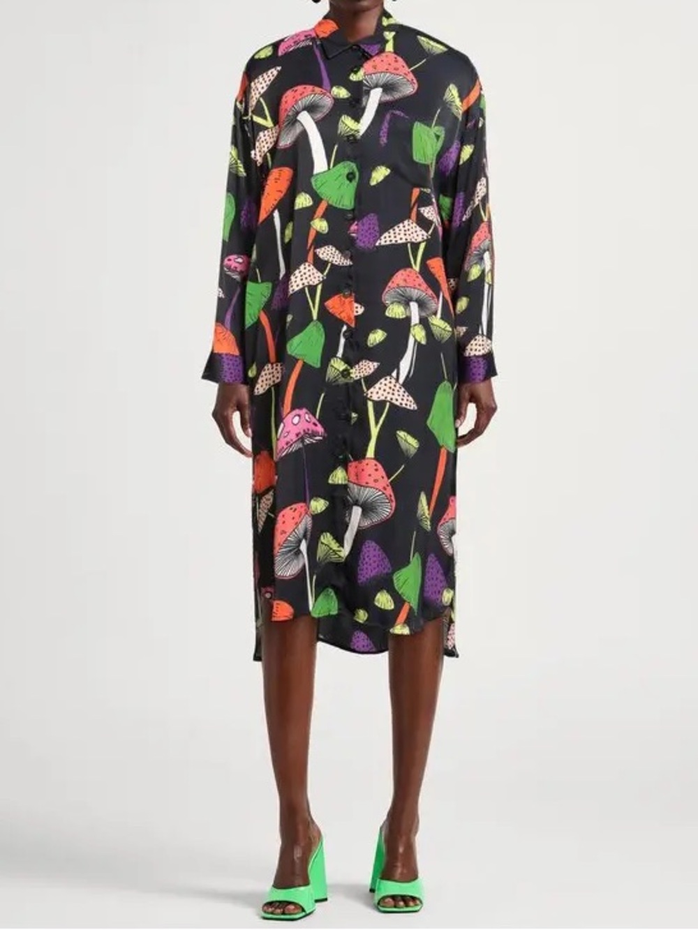 Farm Rio Mushroom Print Black Midi Shirtdress Collared Tunic Long Sleeve Boho XS